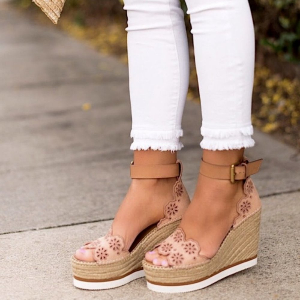 See by Chloé Kristy/ GLYN Floral LaserCut Suede Platform Espadrille Wedge Sandal